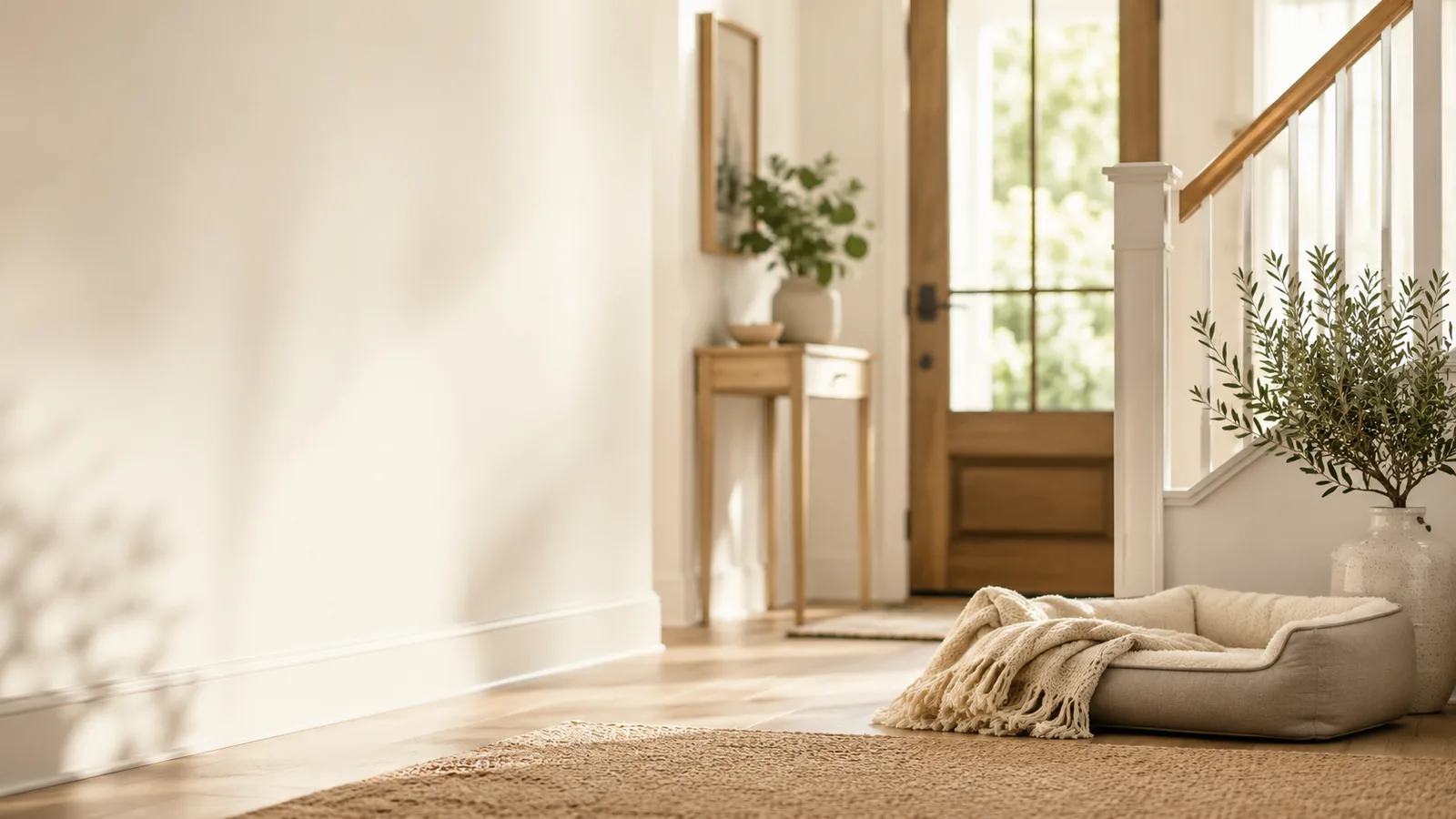 A cozy pet bed waiting by the front door of a sunny Florida home